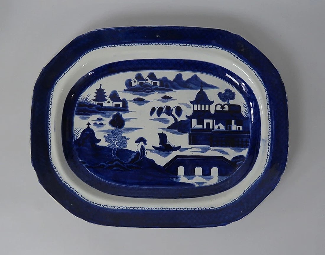 Antique c.1835 Huge English Ironstone Flow Blue White Canton Platter (1 of 8)