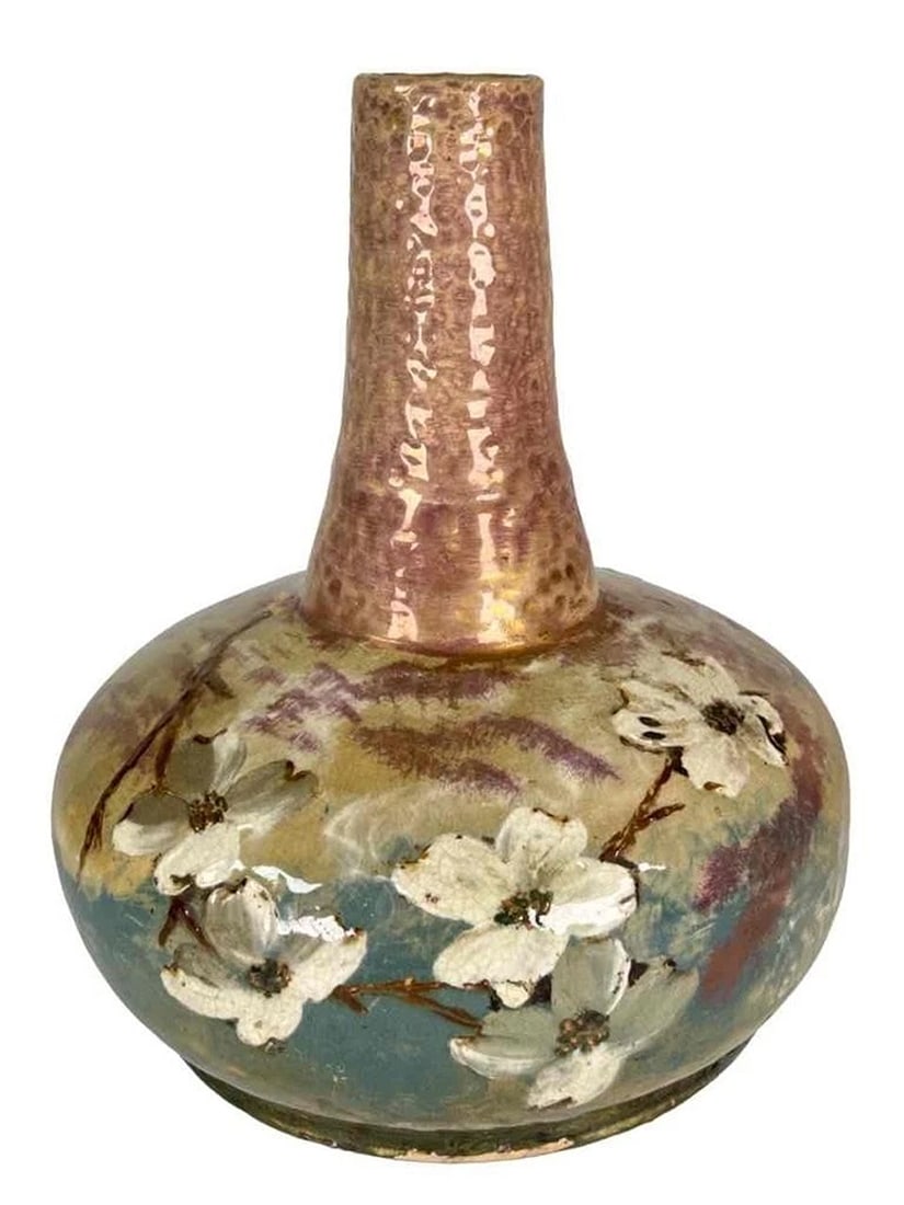 Antique 19thC English Barbotine Arts Crafts Japonisme Dogwood Ceramic Lamp Vase (1 of 20)