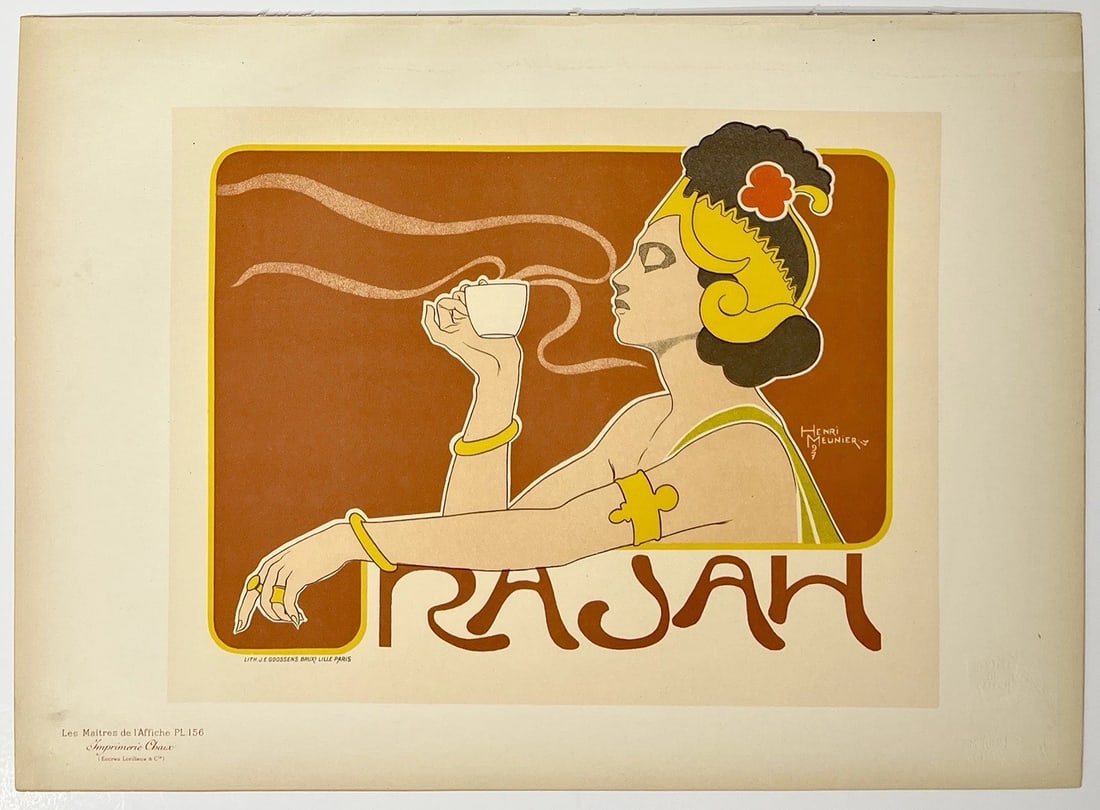 Original Vintage Poster RAJAH Maitres De L'Affiche Pl 156 French Ad MEUNIER: Dimensions: 15.7 x 11.4 in. / 40 x 29 cm.; Circa 1899Original Vintage "RAJAH" poster illustrated by HENRI MUNIER printed circa 1899. This poster is Plate 156 of the Maitres de l'Affiche.