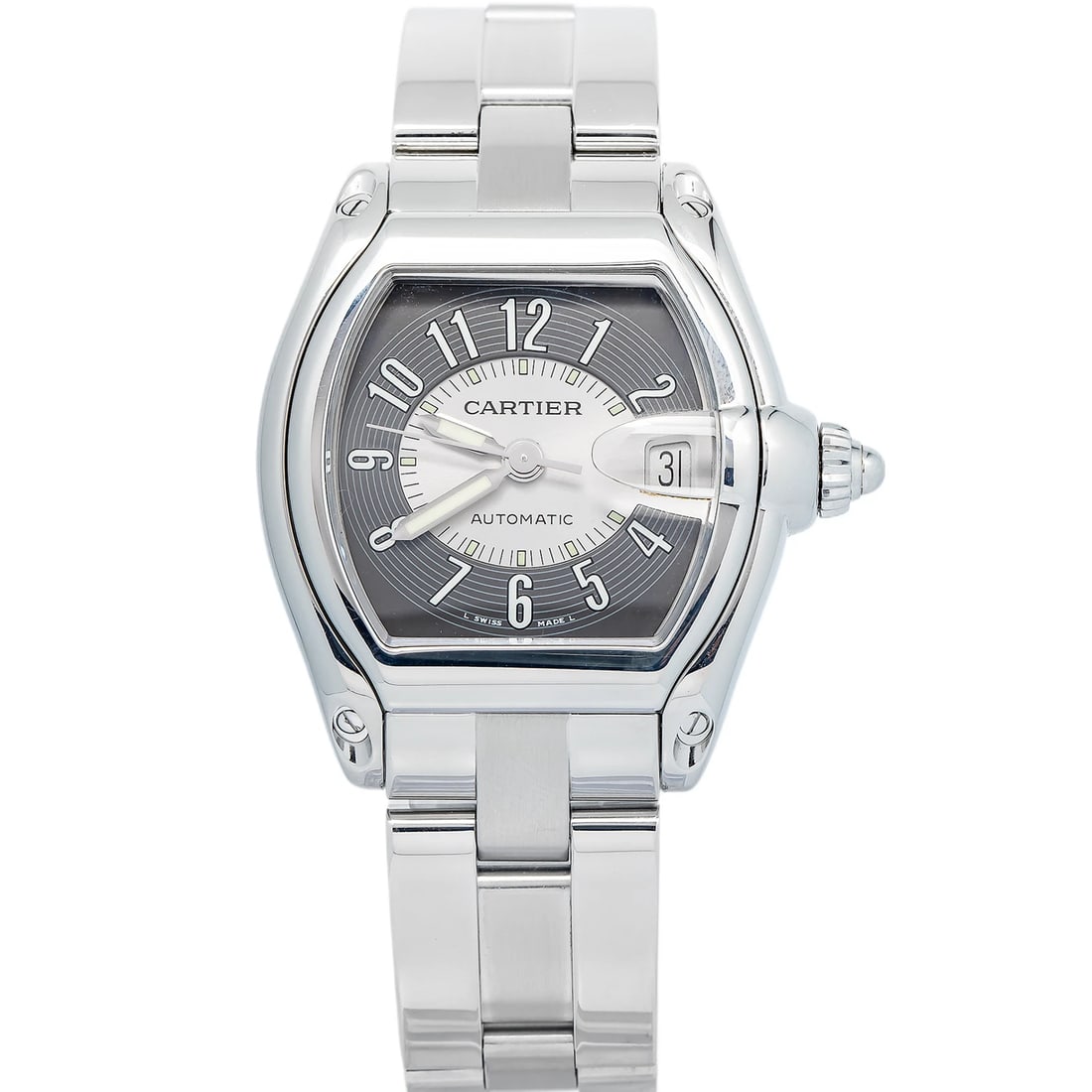 Cartier Roadster W62001V3 2015 Card Automatic SS Grey-Silver Tuxedo Dial 44x38mm: Condition: Pre-owned - Good: This item has been gently used but is in good condition. It might have a few signs of wear, like light scratches or tarnishing.,Brand: Cartier,Type: Wristwatches,REFERENCE