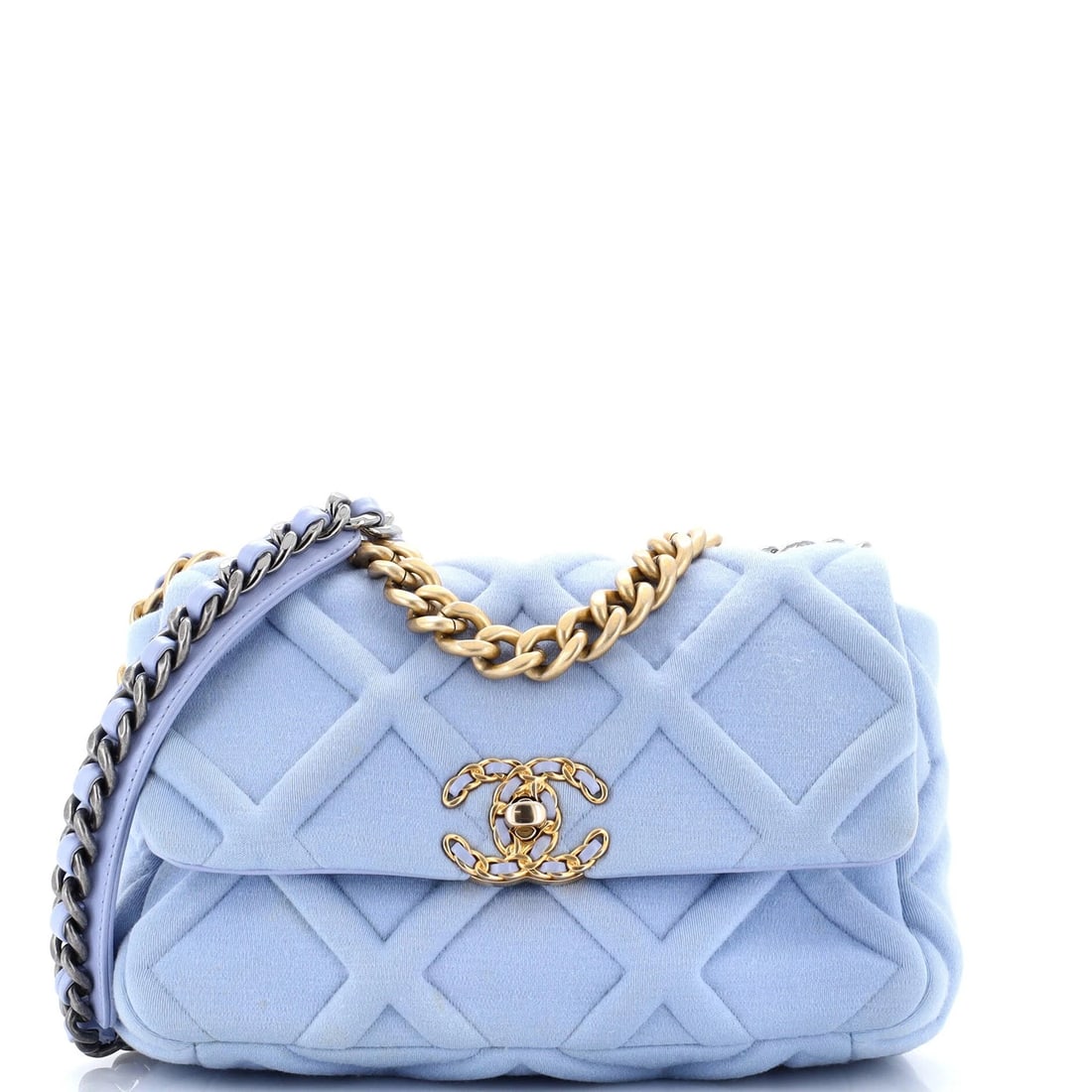 Chanel 19 Flap Bag Quilted Jersey Medium: Condition: Pre-owned - Good,Brand: Chanel,Exterior Material: Jersey,Style: Cross Body Bags,Exterior Color: Blue,Department: Women,Size: Medium