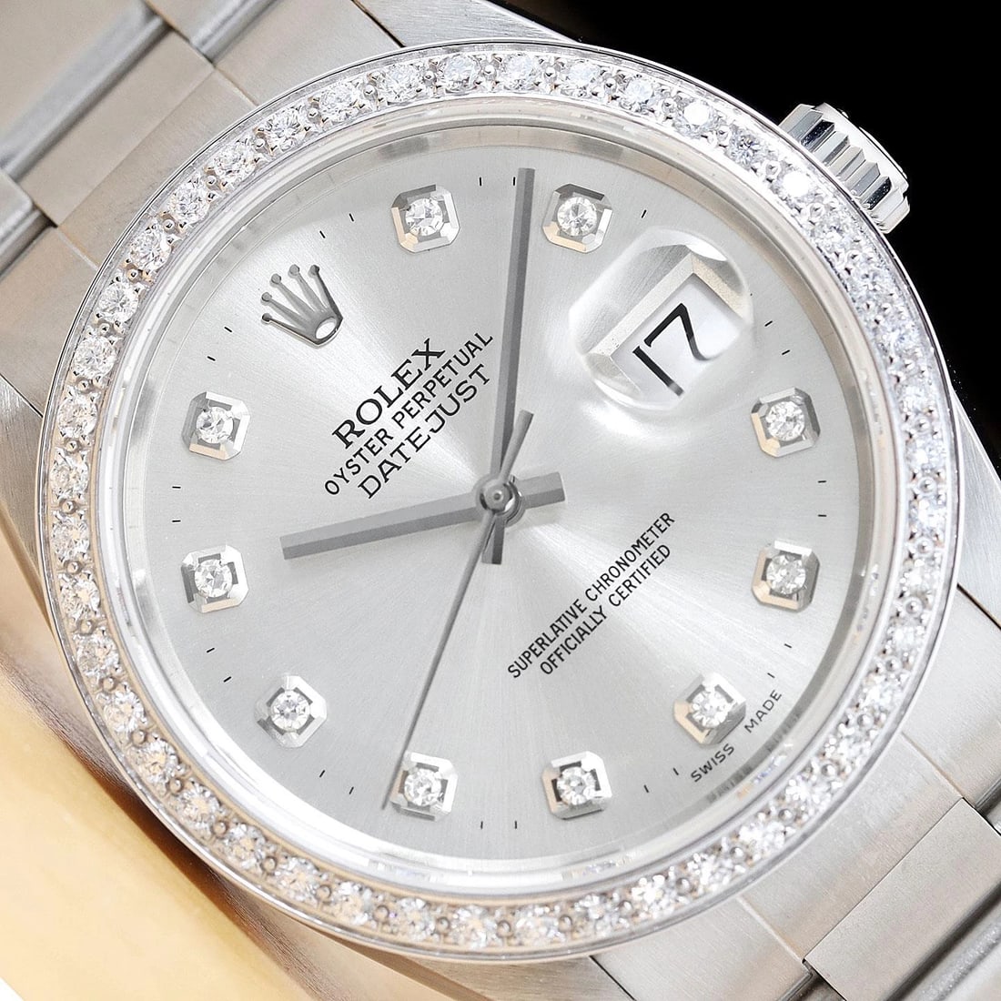 ROLEX MENS DATEJUST 16200 18K WHITE GOLD DIAMOND STEEL WATCH w/ OYSTER BAND: Condition: Pre-owned - Good,Bezel Color: Silver,Max Wrist Size: 7.26-7.5 in,Number of Jewels: 31 Jewels,Indices: Diamond Markers,Bezel: Custom 18K White Gold Diamond Bezel,Band/Strap: Bracelet/Link Ba