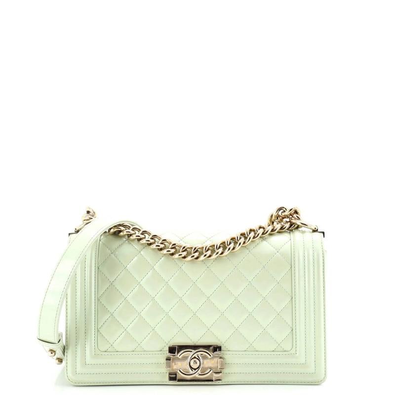 Chanel Boy Flap Bag Quilted Iridescent Glazed Calfskin Old Medium: Measurements: Handle Drop None", Height 6", Width 9.5", Depth 4", Strap Drop None". Condition: Pre-owned - Good,Brand: Chanel,Exterior Material: Leather,Style: Shoulder Bags,Exterior Color:
