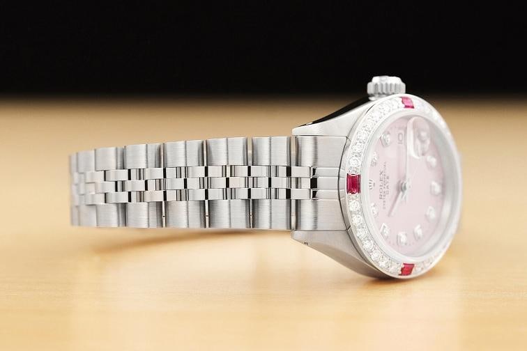 LADIES ROLEX DATE PINK RUBY DIAMOND 18K WHITE GOLD STAINLESS STEEL WATCH - 6
