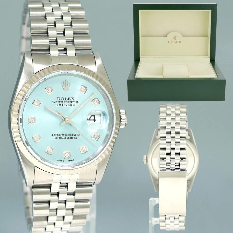 MINT Rolex DateJust 16234 Blue Diamond Jubilee White Gold Fluted 36mm Watch Box (1 of 7)