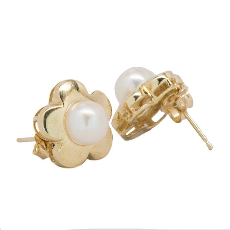 Earrings 14k Yellow Gold 7mm Floral Stud Cultured Pearls Butterfly Back 4.5 Gr (1 of 3)