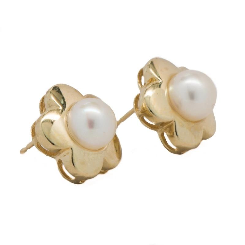 Earrings 14k Yellow Gold 7mm Floral Stud Cultured Pearls Butterfly Back 4.5 Gr - 2