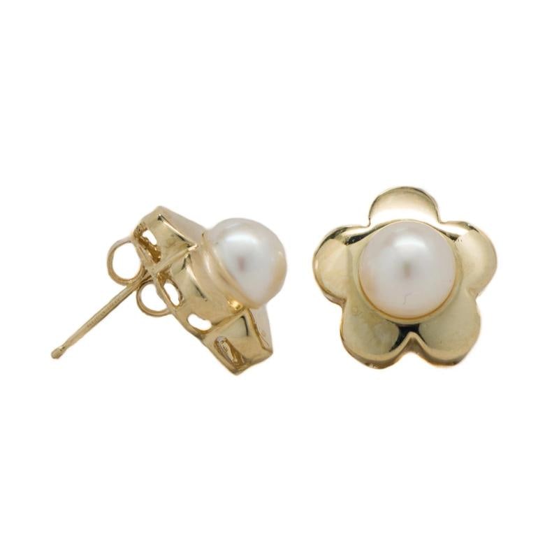 Earrings 14k Yellow Gold 7mm Floral Stud Cultured Pearls Butterfly Back 4.5 Gr - 3