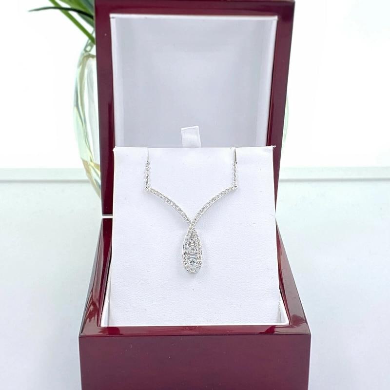 Ladies Round & Baguette Diamond Crossover Necklace 14kt White Gold - 10