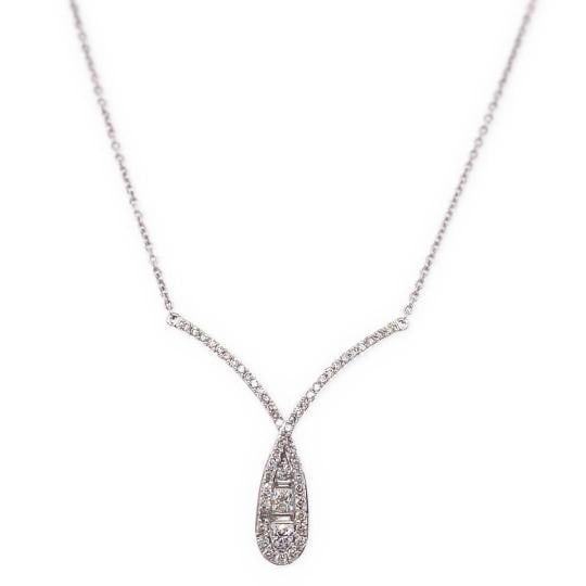 Ladies Round & Baguette Diamond Crossover Necklace 14kt White Gold - 11