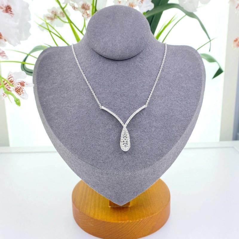 Ladies Round & Baguette Diamond Crossover Necklace 14kt White Gold - 2