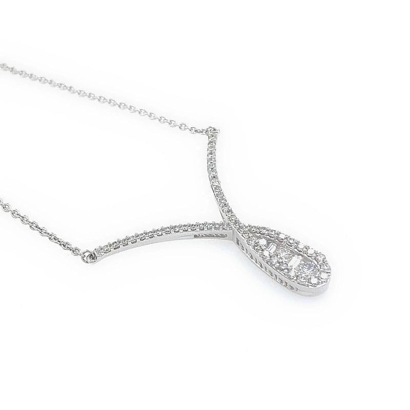 Ladies Round & Baguette Diamond Crossover Necklace 14kt White Gold - 3