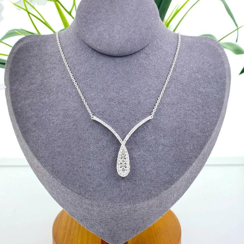 Ladies Round & Baguette Diamond Crossover Necklace 14kt White Gold - 7