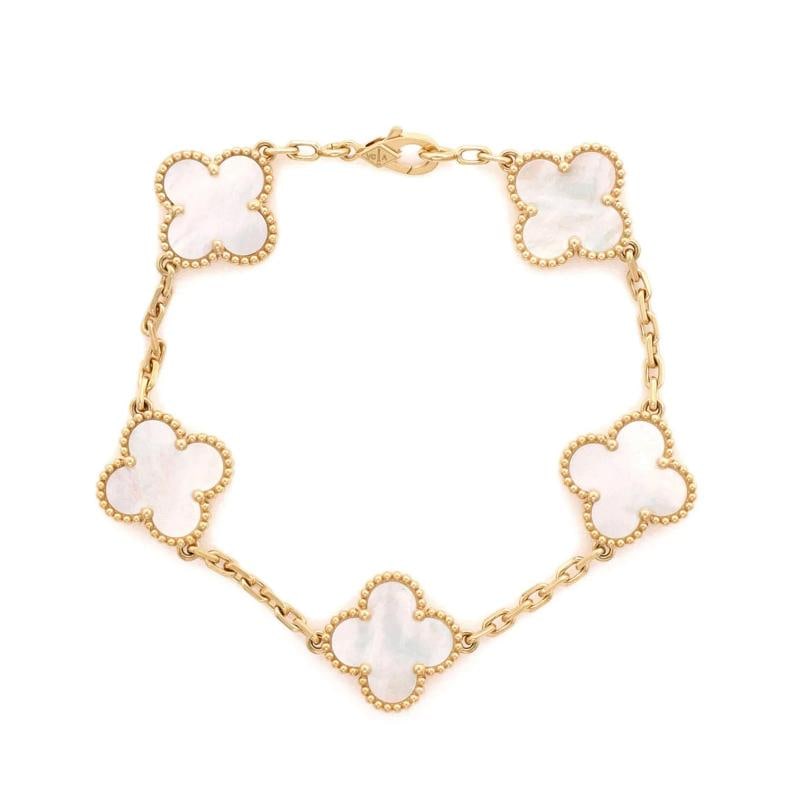Van Cleef & Arpels Vintage Alhambra 5 Motifs Bracelet 18K Yellow Gold and Mother: Measurements: Circumference: 6.75 ", Width: 14.95 mm, Condition: Pre-owned - Good,Brand: Van Cleef & Arpels,Main Stone: Unknown,Metal: 18K Yellow Gold,Metal Purity: 18K,Style: Bracelet,Type: Bracelet,