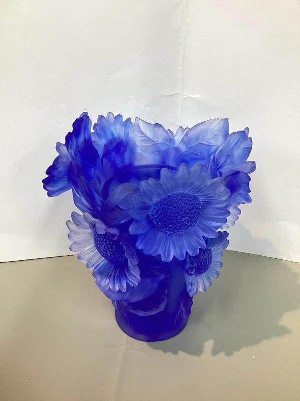 Xl Nancy Daum Style Sunflower Crystal Blue Vase H9â€ Heavy Art Glass Limited E - 11