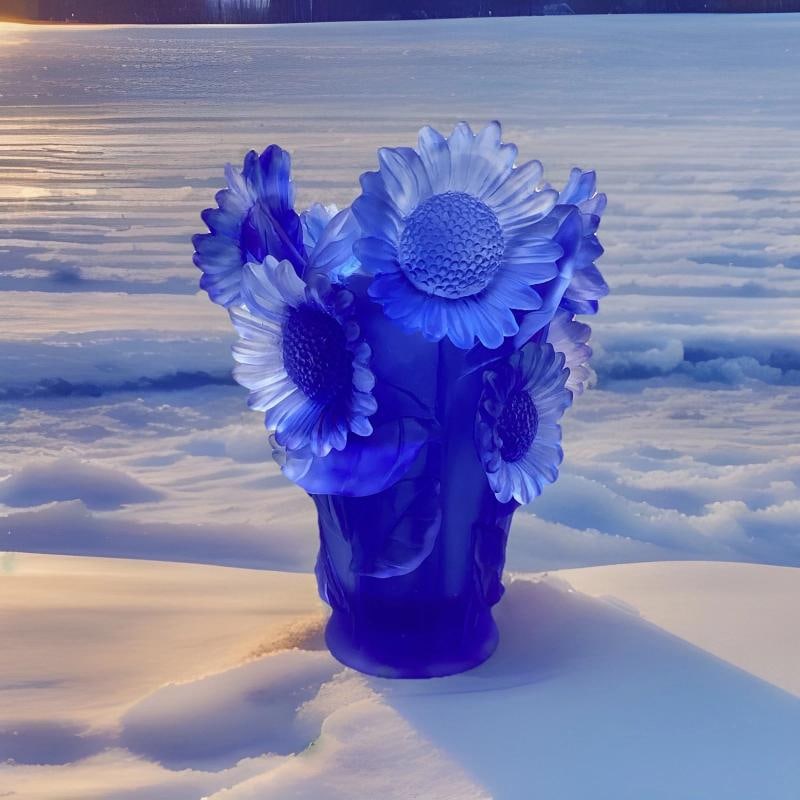 Xl Nancy Daum Style Sunflower Crystal Blue Vase H9â€ Heavy Art Glass Limited E - 12