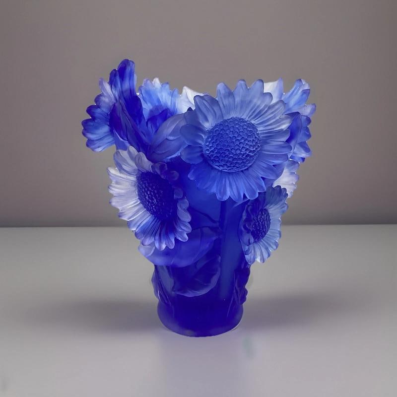Xl Nancy Daum Style Sunflower Crystal Blue Vase H9â€ Heavy Art Glass Limited E - 2