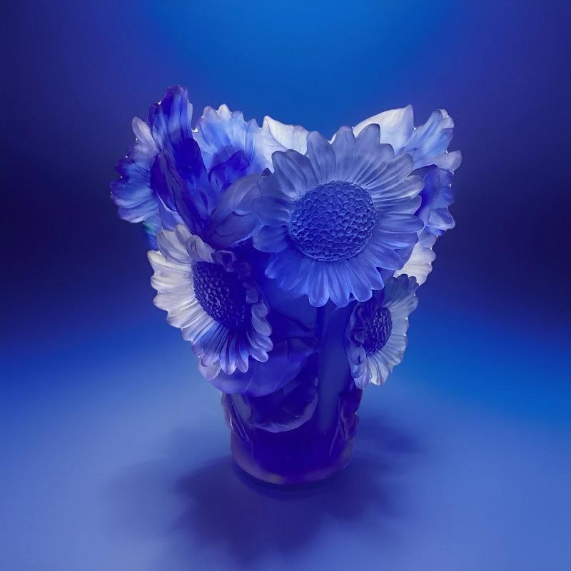 Xl Nancy Daum Style Sunflower Crystal Blue Vase H9â€ Heavy Art Glass Limited E - 3