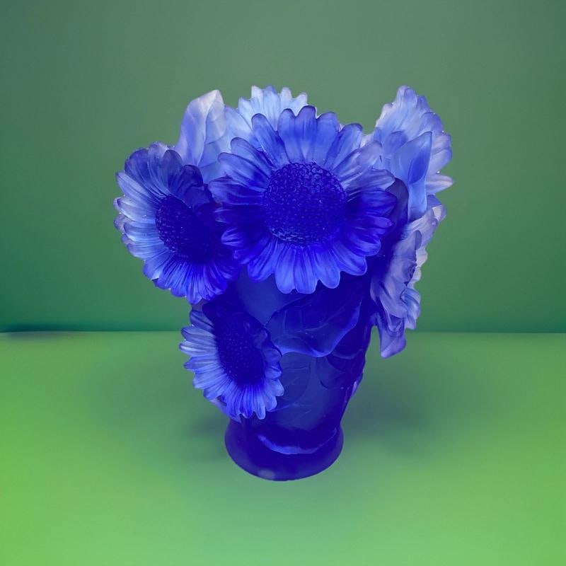 Xl Nancy Daum Style Sunflower Crystal Blue Vase H9â€ Heavy Art Glass Limited E - 5