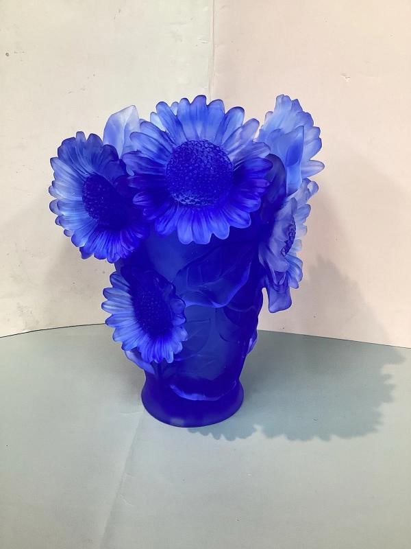 Xl Nancy Daum Style Sunflower Crystal Blue Vase H9â€ Heavy Art Glass Limited E - 6