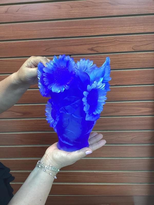 Xl Nancy Daum Style Sunflower Crystal Blue Vase H9â€ Heavy Art Glass Limited E - 8