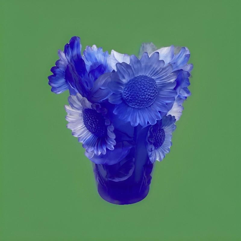 Xl Nancy Daum Style Sunflower Crystal Blue Vase H9â€ Heavy Art Glass Limited E - 9