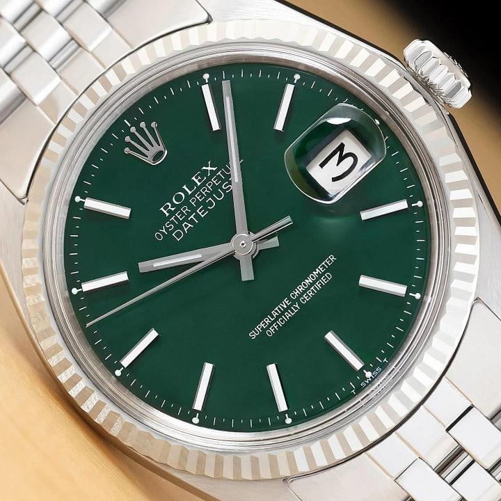ROLEX MENS DATEJUST 1601 18K GOLD SS GREEN DIAL WATCH w/ FOLDED JUBILEE BRACELET (1 of 8)