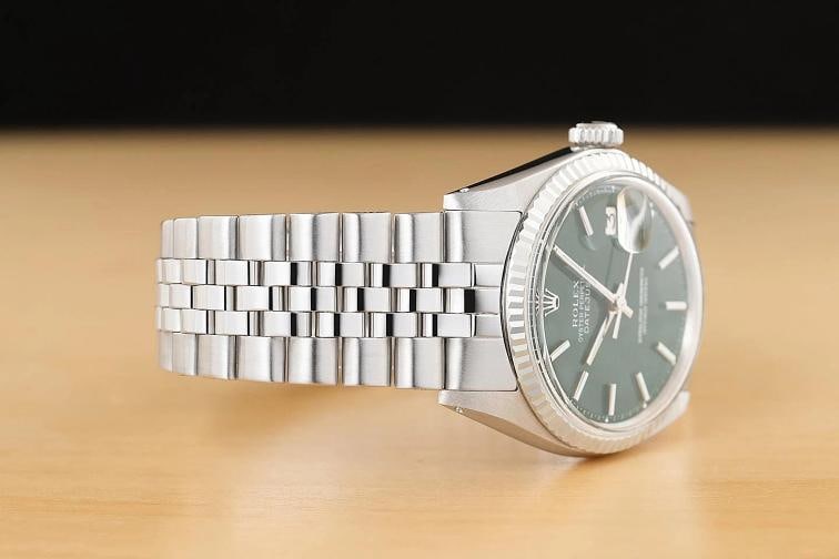 ROLEX MENS DATEJUST 1601 18K GOLD SS GREEN DIAL WATCH w/ FOLDED JUBILEE BRACELET - 7