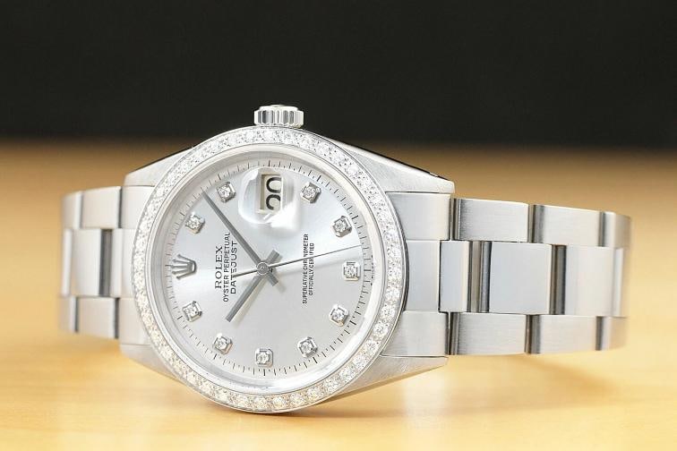 MENS ROLEX DATEJUST SILVER DIAMOND 18K WHITE GOLD BEZEL & STAINLESS STEEL WATCH - 2