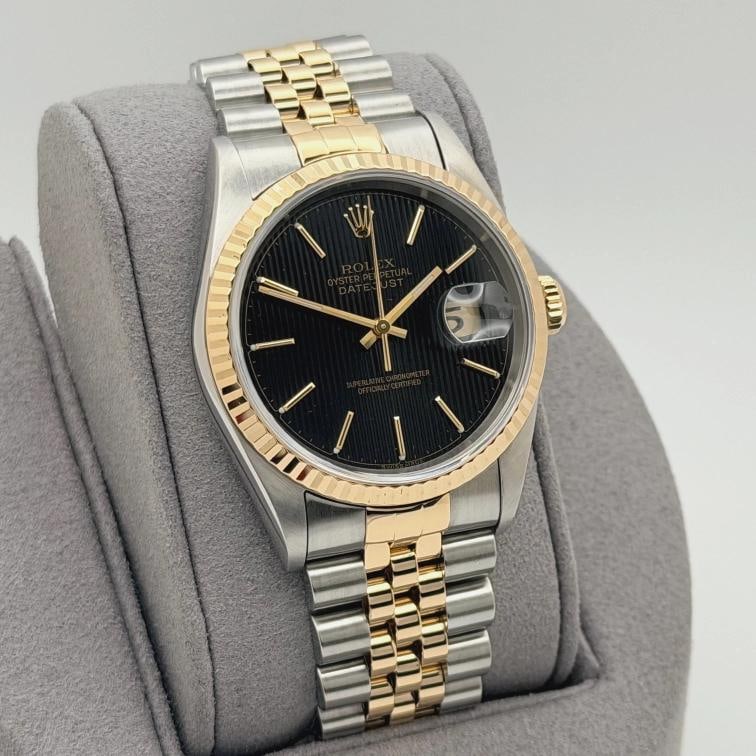 Rolex Datejust 16233 36mm Black Tapestry Dial 18k Yellow Gold Stainless Steel - 4