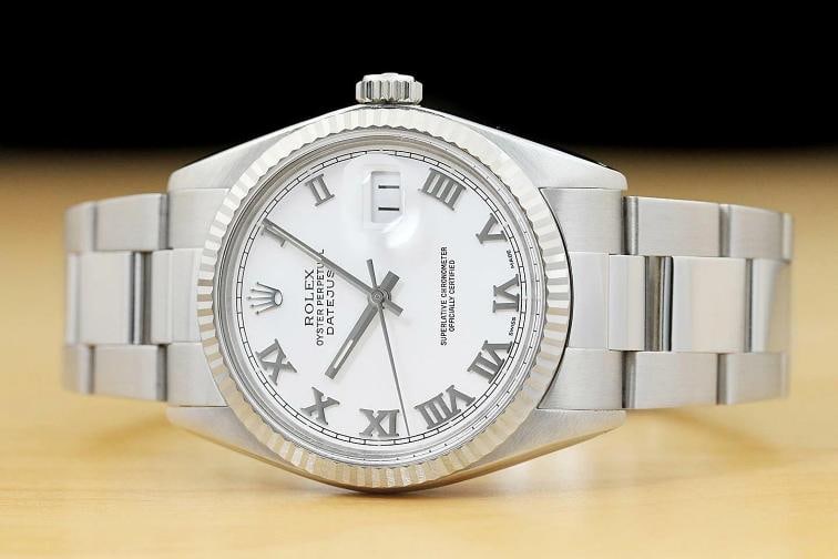 MENS ROLEX DATEJUST 16014 WHITE ROMAN DIAL 18K WHITE GOLD STAINLESS STEEL WATCH - 3