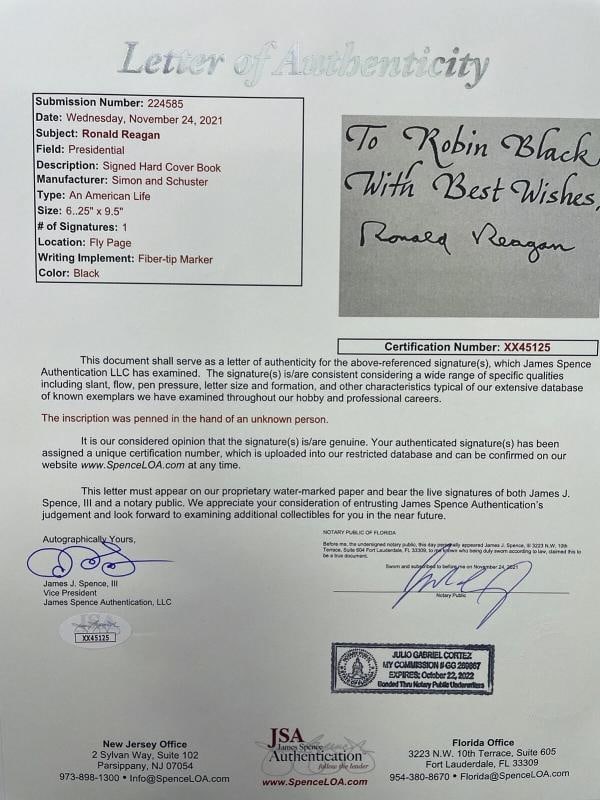 RONALD REAGAN Signed Autograph Autobiography An American Life First Edition JSA - 5