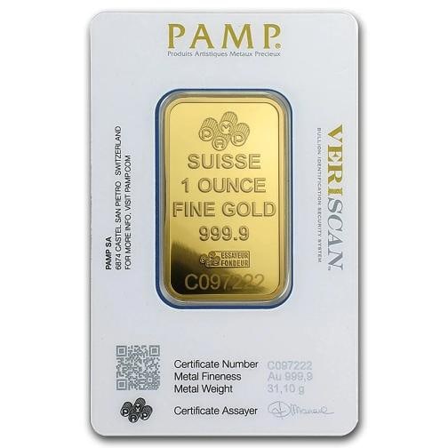 1 oz Gold Bar PAMP Suisse Lady Fortuna Veriscan (In Assay) .9999 Fine - 2