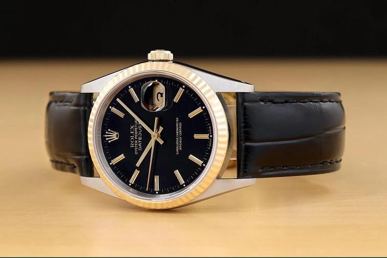 ROLEX MENS DATEJUST 16233 BLACK DIAL 18K YELLOW GOLD STEEL BLACK LEATHER WATCH - 2