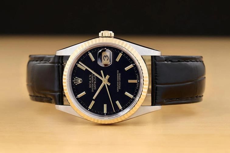 ROLEX MENS DATEJUST 16233 BLACK DIAL 18K YELLOW GOLD STEEL BLACK LEATHER WATCH - 3