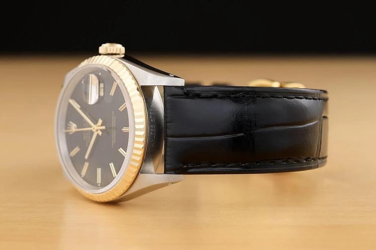 ROLEX MENS DATEJUST 16233 BLACK DIAL 18K YELLOW GOLD STEEL BLACK LEATHER WATCH - 4