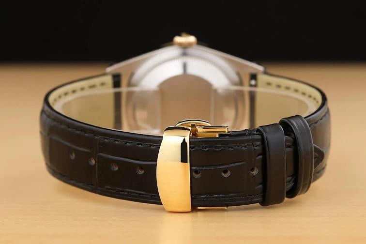 ROLEX MENS DATEJUST 16233 BLACK DIAL 18K YELLOW GOLD STEEL BLACK LEATHER WATCH - 6