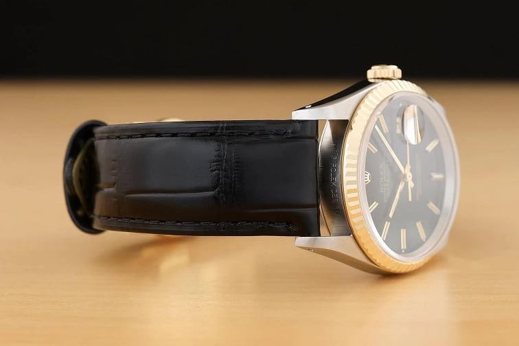 ROLEX MENS DATEJUST 16233 BLACK DIAL 18K YELLOW GOLD STEEL BLACK LEATHER WATCH - 7