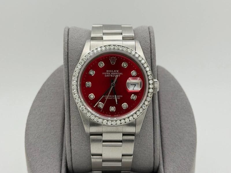 Rolex Datejust 16264 36mm Red Diamond Dial Diamond Bezel Stainless Steel - 10