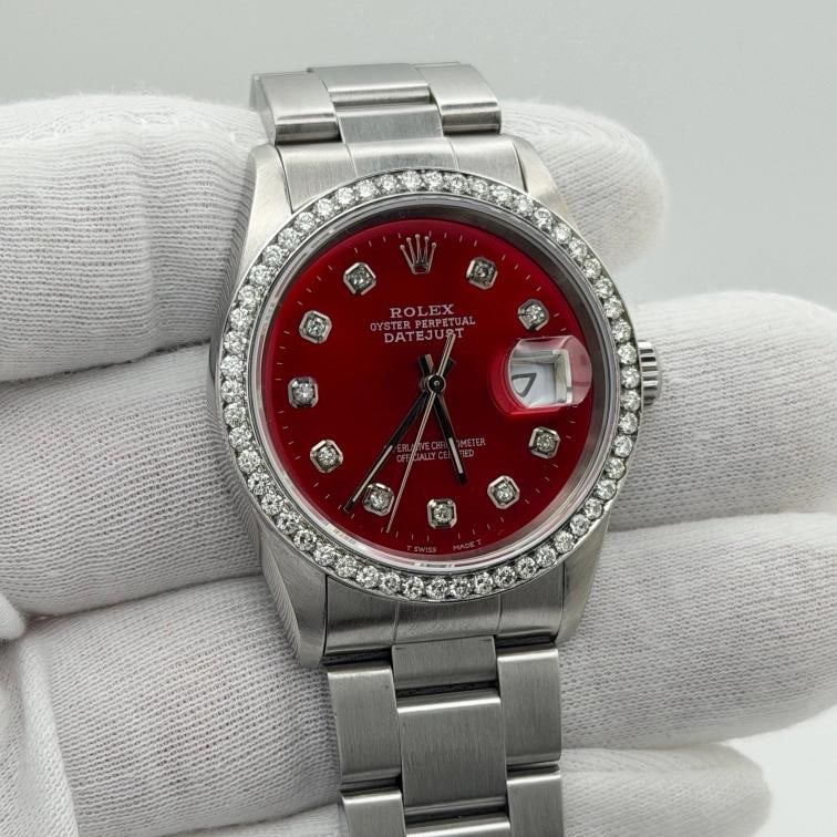Rolex Datejust 16264 36mm Red Diamond Dial Diamond Bezel Stainless Steel - 6