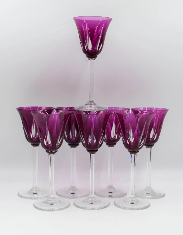 Rare ST. LOUIS Cerdagne Pattern Purple Cut to Clear Wine Glasses Set of 8 (1 of 4)
