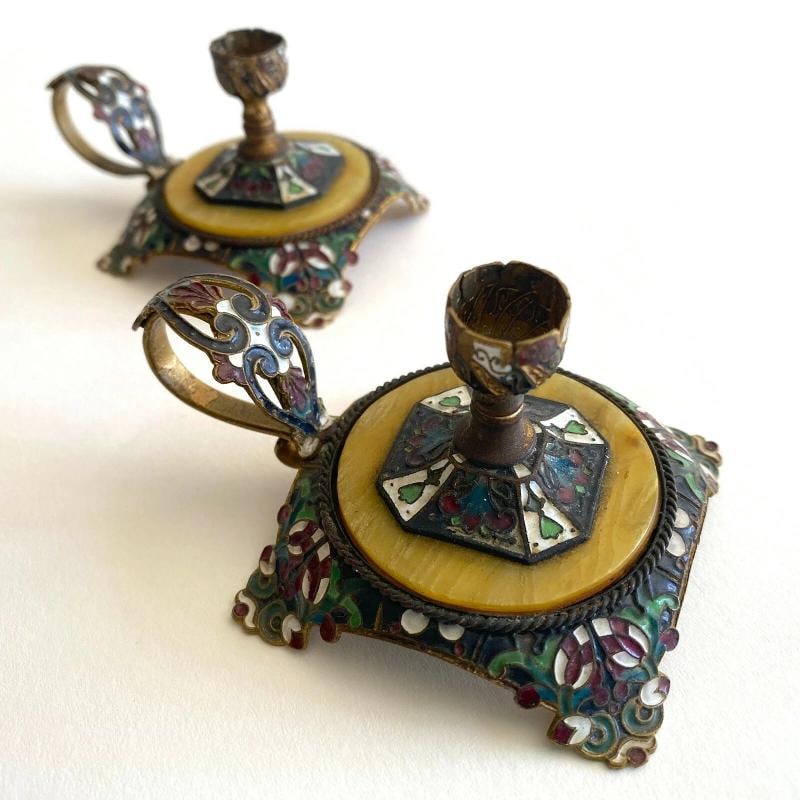 RARE ANTIQUE 19TH C FRENCH CHAMPLEVE ENAMEL GILT BRONZE CANDLESTICK HOLDERS PAIR - 11