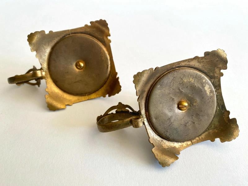 RARE ANTIQUE 19TH C FRENCH CHAMPLEVE ENAMEL GILT BRONZE CANDLESTICK HOLDERS PAIR - 12