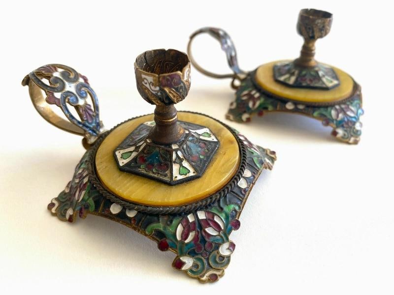 RARE ANTIQUE 19TH C FRENCH CHAMPLEVE ENAMEL GILT BRONZE CANDLESTICK HOLDERS PAIR (1 of 12)