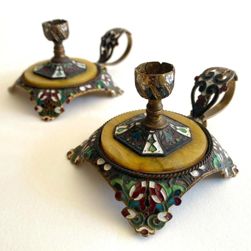 RARE ANTIQUE 19TH C FRENCH CHAMPLEVE ENAMEL GILT BRONZE CANDLESTICK HOLDERS PAIR - 2