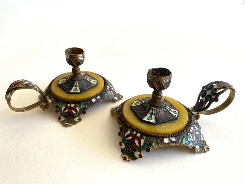 RARE ANTIQUE 19TH C FRENCH CHAMPLEVE ENAMEL GILT BRONZE CANDLESTICK HOLDERS PAIR - 3