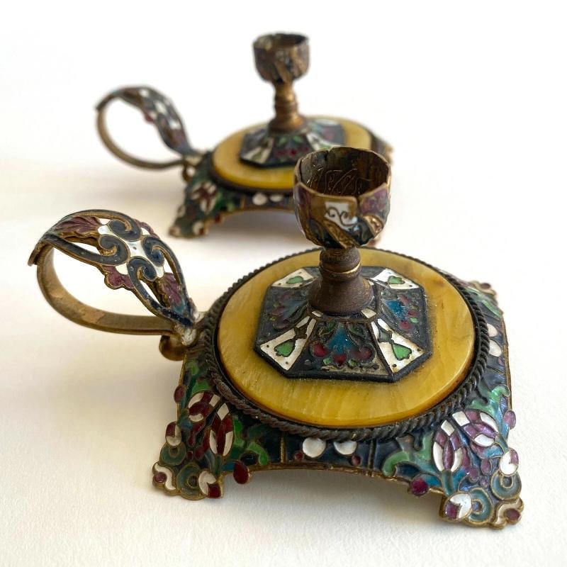 RARE ANTIQUE 19TH C FRENCH CHAMPLEVE ENAMEL GILT BRONZE CANDLESTICK HOLDERS PAIR - 4