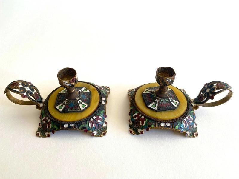 RARE ANTIQUE 19TH C FRENCH CHAMPLEVE ENAMEL GILT BRONZE CANDLESTICK HOLDERS PAIR - 5