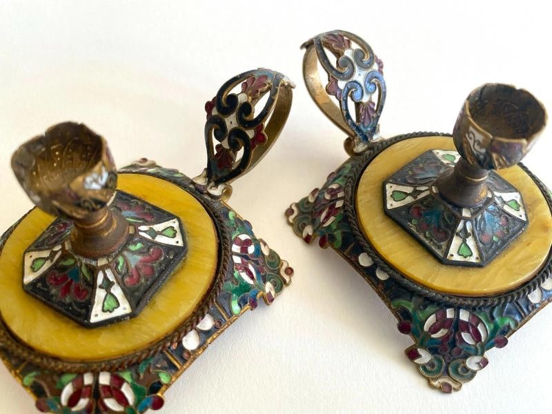 RARE ANTIQUE 19TH C FRENCH CHAMPLEVE ENAMEL GILT BRONZE CANDLESTICK HOLDERS PAIR - 6