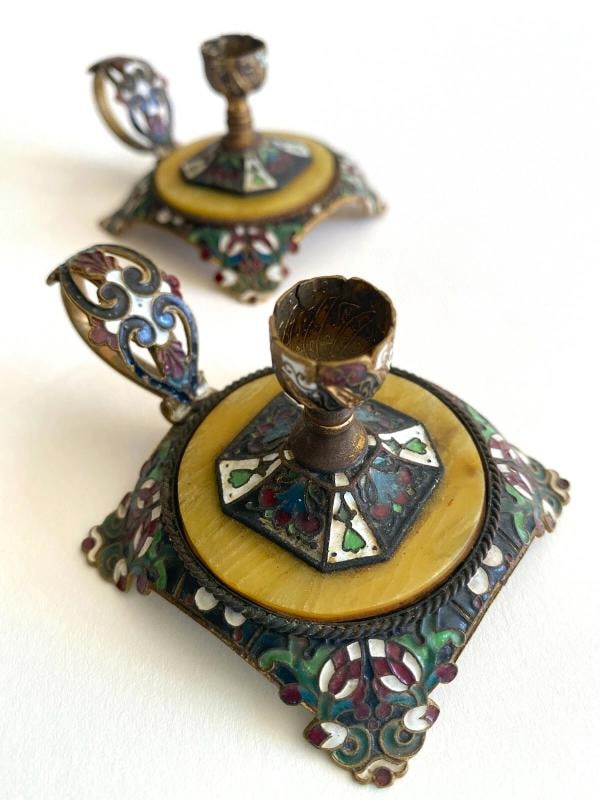 RARE ANTIQUE 19TH C FRENCH CHAMPLEVE ENAMEL GILT BRONZE CANDLESTICK HOLDERS PAIR - 7